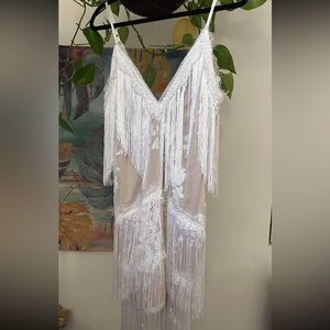 Fringed Lace Dress in White and Cream